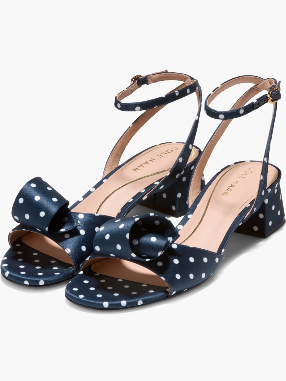 NWOT Cole Hann Fanya Florette Sandal Heels In Navy White Polka Dot Satin Sz 9 -